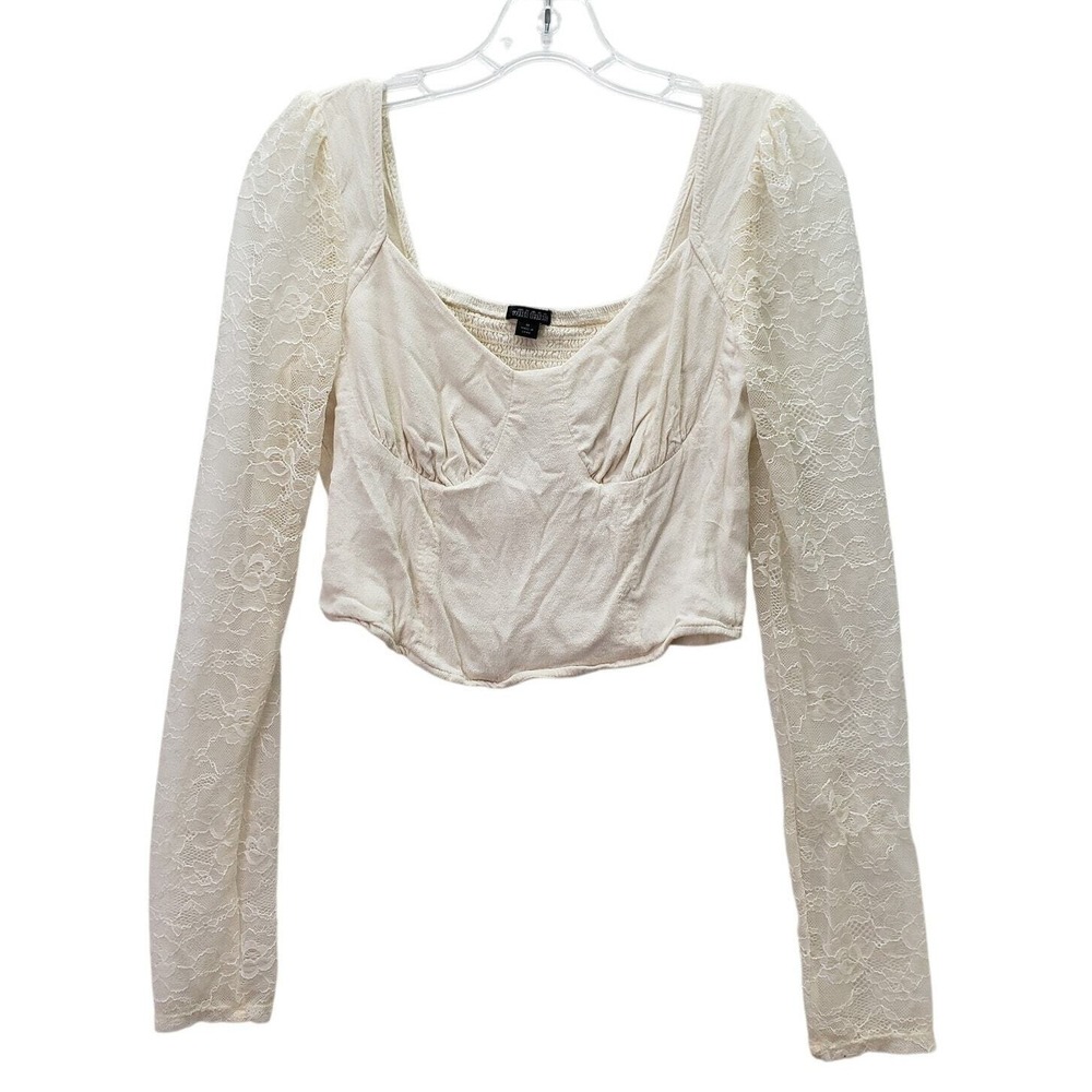 Wild Fable Bustier Top Womens Medium Ivory Lace Sleeve Crop‎ Square Neck Smocked